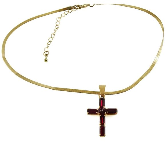 Red Rhinestone Cross Pendant on Flat Chain Necklace Religious Jewelry - Picture 2 of 4